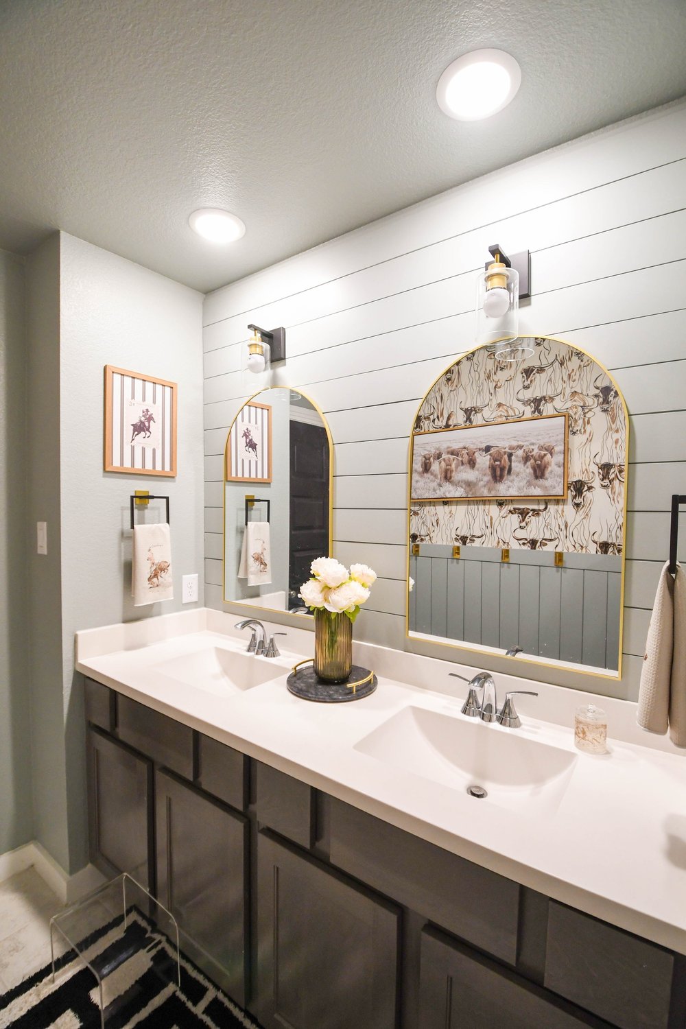Arched gold mirror over the vanity with a shiplap wall and a framed longhorn canvas